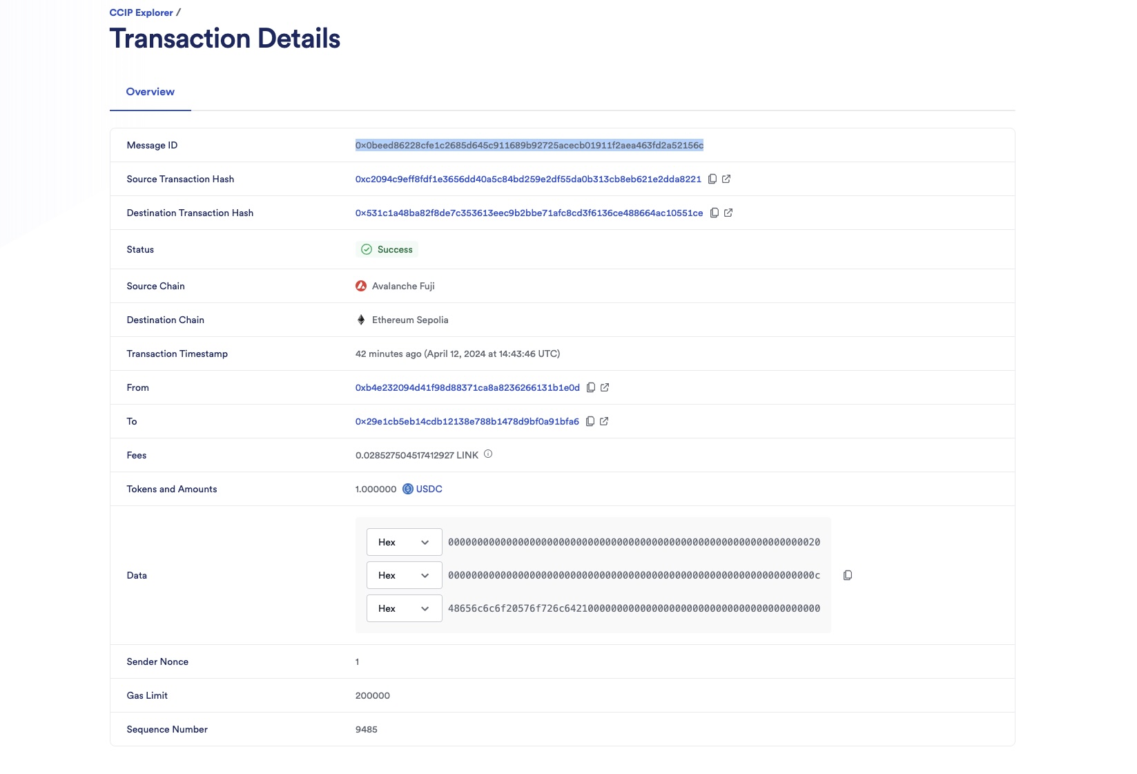 Chainlink CCIP Explorer transaction success